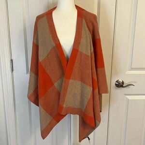 Talbots Plaid Shawl Wrap in Orange Tan Boho Fall Festive Cozy One Size Fits All